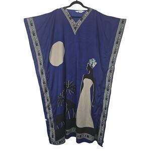Shore Drive Kaftan Dress Womens One Size Blue African Safari Print Boho Resort